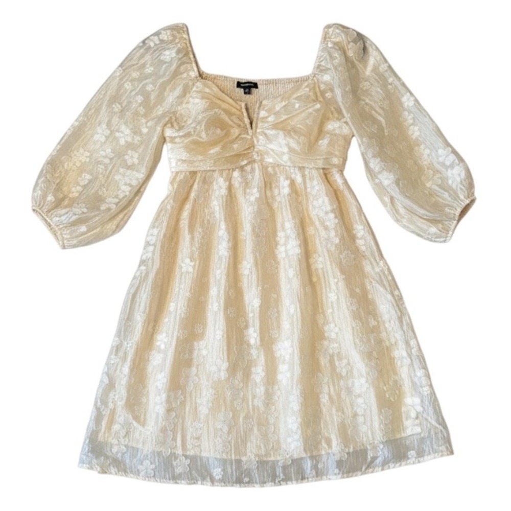 MittoShop Mini Dress M Cream Floral Jacquard Balloon Sleeve Coquette Fairycore